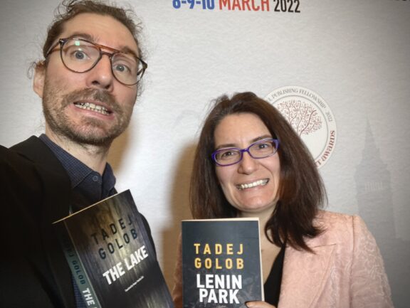Andrej Hočevar (Goga Publishing) and Ayse Ozden (Dixi Books) with books by Tadej Golob in English